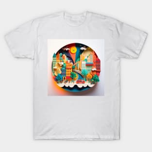 3D Effect Papercut Art - Cityscape Scene T-Shirt